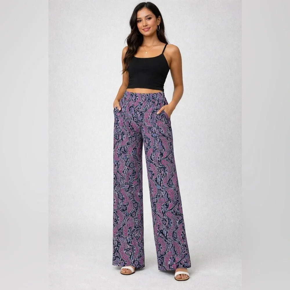 Paisley Wide Leg Pants Boho Chic Flowy Lounge Resort Wear Pull On Palazzo XLg - Picture 12 of 12